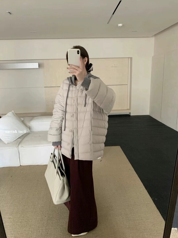 韩系超轻薄羽绒服女中长款针织连帽拼接小个子白鸭绒加厚保暖外套|undefined