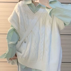 学院风外穿显瘦针织马甲/绿色衬衫套装女秋季新款毛衣背心两件套