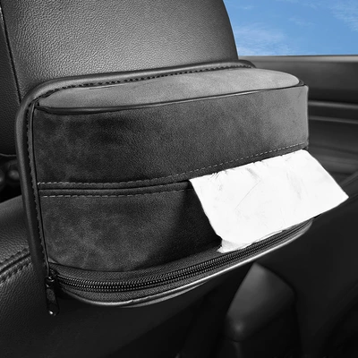 Cross-Border Customizable Logo Suede High-End Integrated Sports Seat Car Tissue Box Paper Bag Supplies Seat Hanging (Car tissue box/set) - standard-black-and-gray-stitched-suede-tissue-box