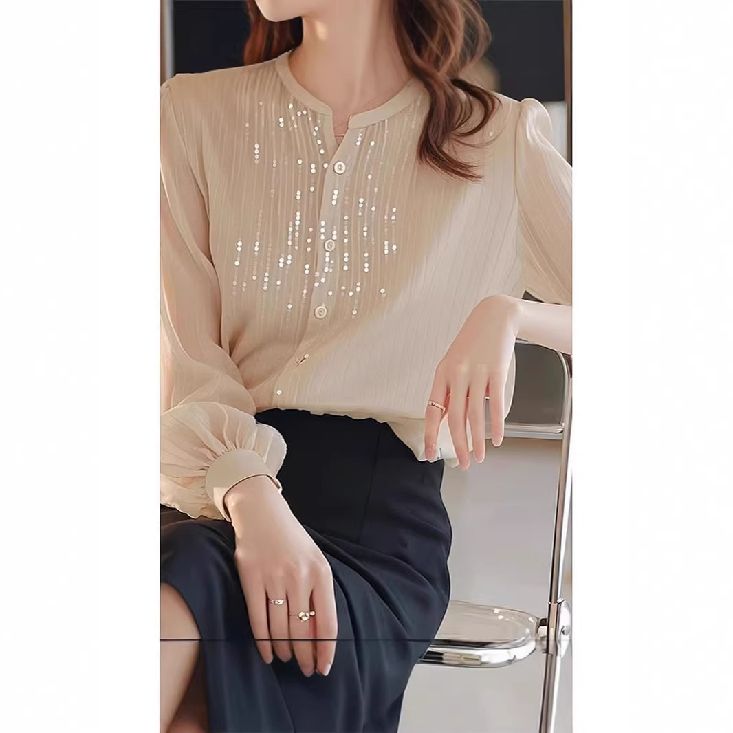 Áo sơ mi nữ dài tay chất liệu lụa trắng phối sequin kiểu Pháp — màu mơ chi tiết 2