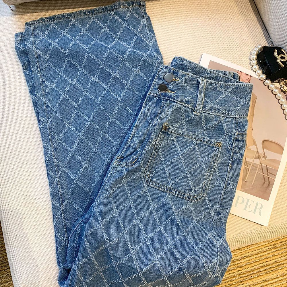490g Weight Full Length Pants Length Polyester, Denim Cotton Fabric Type High Waist Waist Line Jeans, Straight Pants Pants Type Inelastic Elasticity Holiday, Daily Occasion Loose Fit Type Argyle Pattern Spring, Autumn Season Women's Gender Pocket Design Casual, Streetwear Style Women's Holiday Daily Casual Streetwear Argyle Full Length Pocket Jeans Straight Pants 7