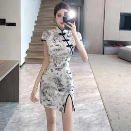 2024中国风少女款印花有呀日常改良旗袍收腰开叉短款连衣裙女
