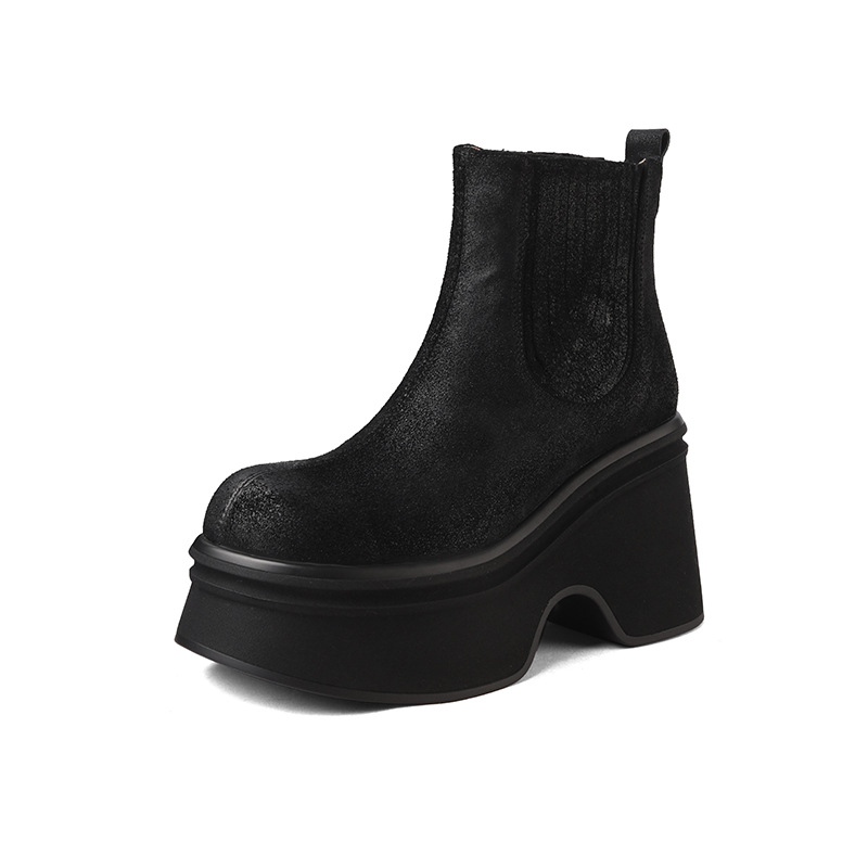 Giày boot Chelsea nữ cổ thun đế dày 10 cm chống nước mùa thu đông — đen, nâu sẫm