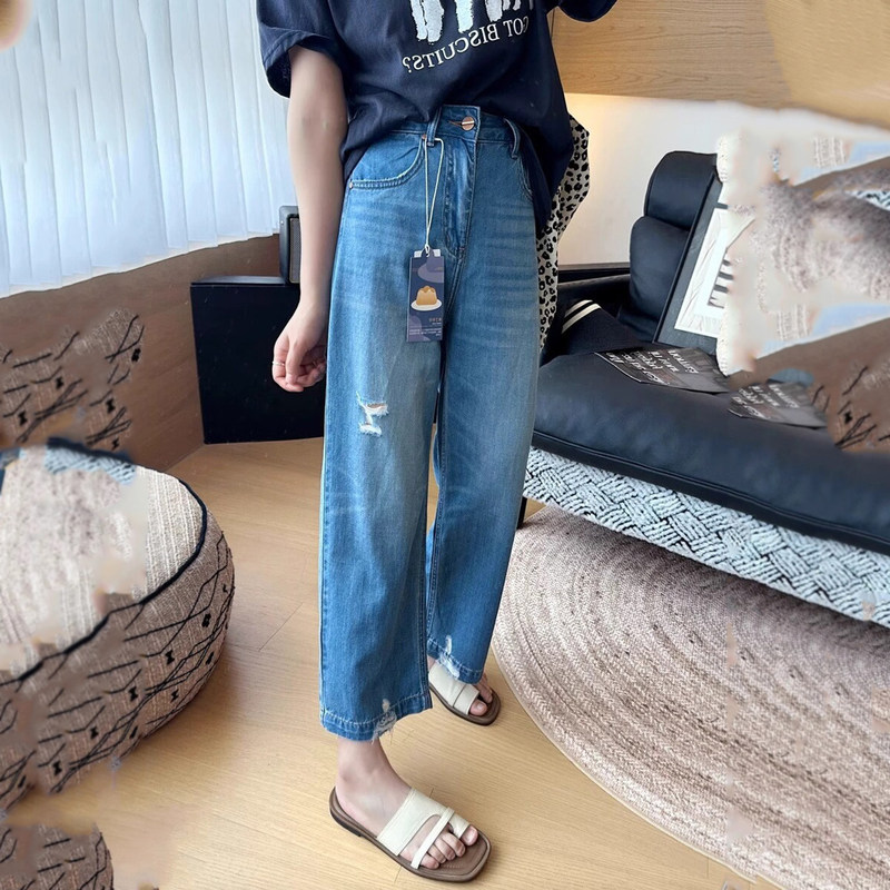 Pear-Shaped Body Plus-Size Women's Ripped Jeans Straight Wide-Leg Pants Summer New Style for Plus-Size Women Thin and Slimming Loose Pants