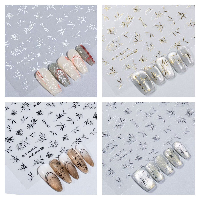 Plum Blossom and Green Bamboo Nail Stickers, Chinese Style Thin and Flexible, Ancient Style Three-Dimensional Chinese Ink Painting Red Bamboo National Style Adhesive Nail Stickers
