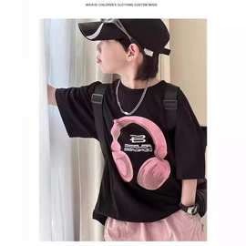 新款男女童潮牌短袖T恤夏季新款中大儿童时髦耳机字母印花纯棉打