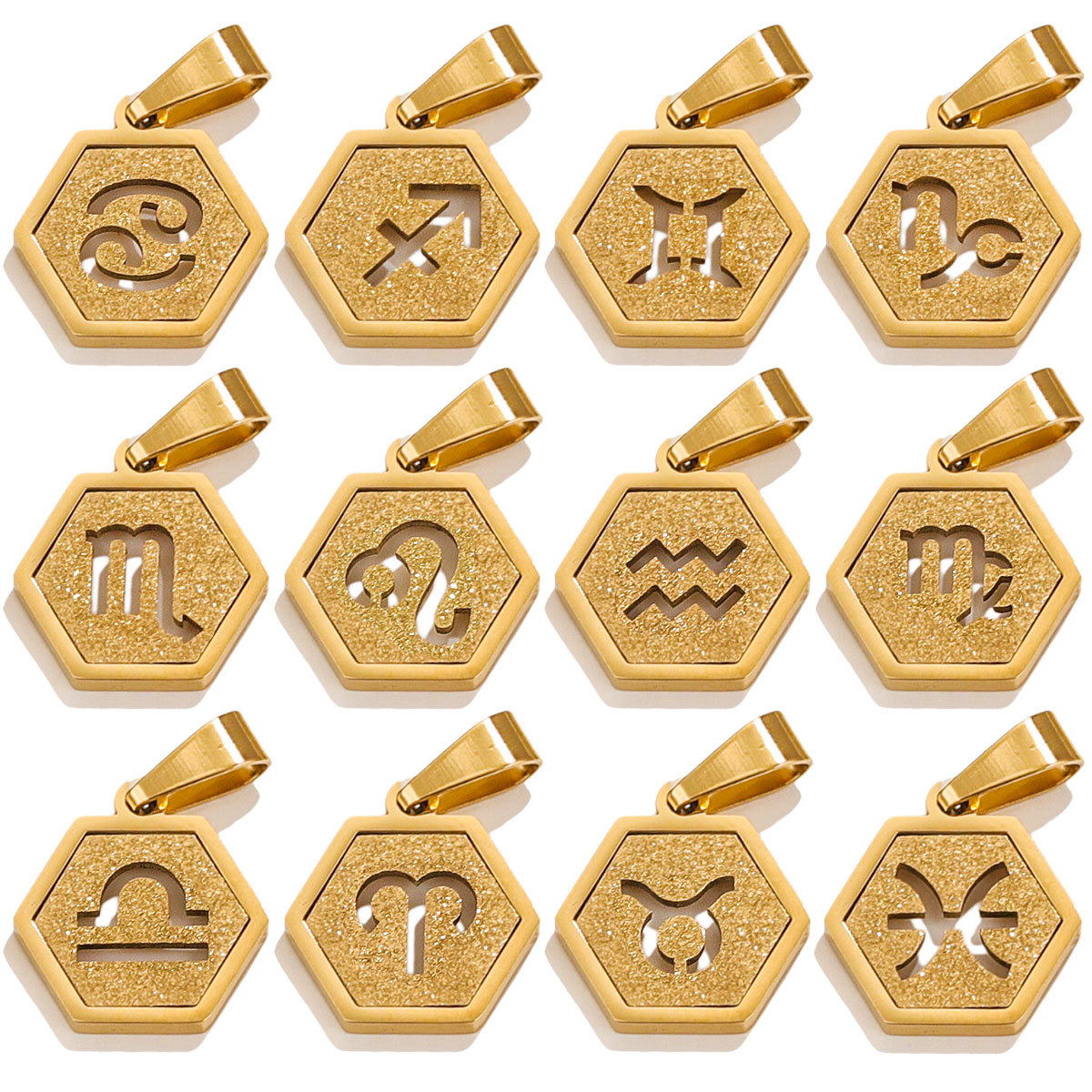 Hexagonal cuadrado europeo y americano arena de prensado de acero inoxidable 18K 12 colgante de constelación diseño de personalidad joyería DIY popular