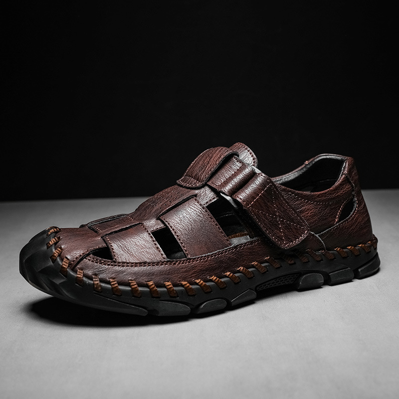 Cross-border Large-size Sandals 2024 Summer New Casual Closed-toe Genuine Leather Perforated Slip-on Men's Beach Shoes_vogvips.com