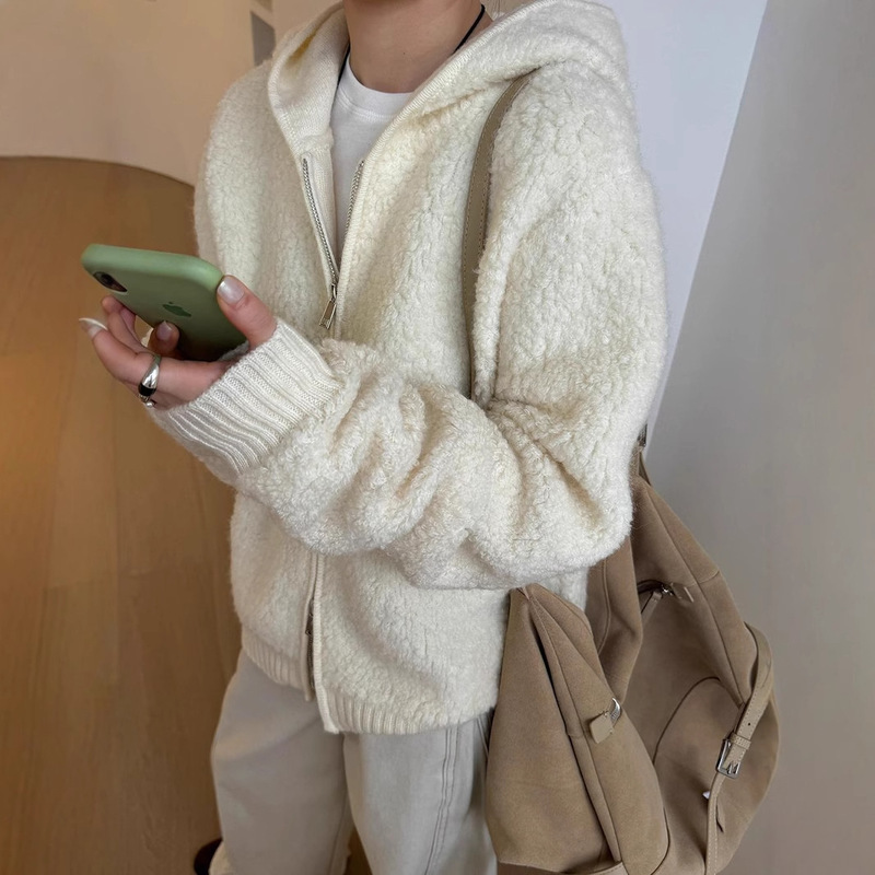 Korean Lazy Thickened Autumn and Winter New Warm Particle Lamb Wool Zipper Hooded Jacket Women's Versatile Sweater Cardigan