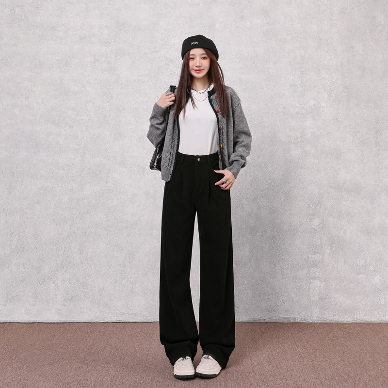 稚橘#纯色简约灯芯绒阔腿休闲裤女宽松显瘦慵懒感休闲百搭拖地裤|undefined