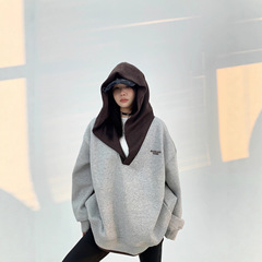 秋冬季chic美式小众设计拼接撞色V领连帽卫衣男女oversize外套潮