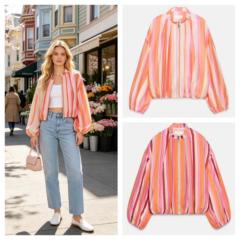 AliExpress Cross-Border 2026 New European and American Fashion Long-Sleeve Striped Stand-Collar Bomber Jacket