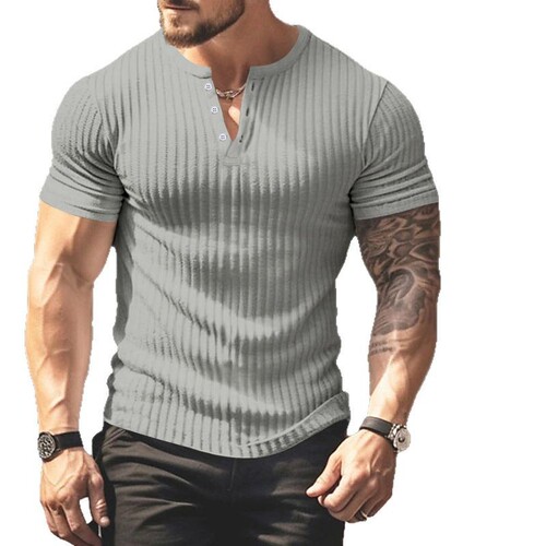 2025 European and American Solid-Color Summer New All-Match Men's T-Shirt Amazon Henley Shirt Casual Knitted Short-Sleeved T-Shirt for Men