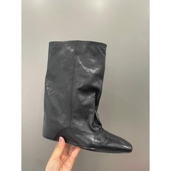 牛皮~秋冬新款内增高5cm靴子方头宽松套筒中筒靴女短靴时装骑士靴