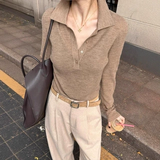 咖色短款老钱风polo领翻领针织衫女秋冬气质高级感内搭打底衫上衣