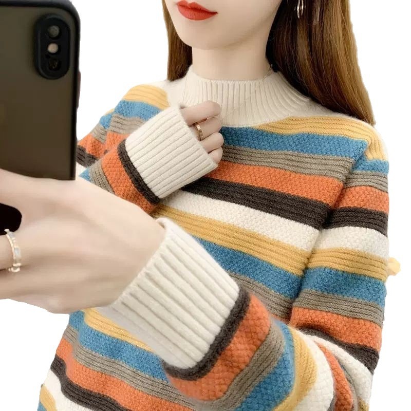 【 Famiglia Cashmere 】 Maglione da donna a righe larghe e spesse in maglia di lana corta con collo alto, strato interno_voghion.com