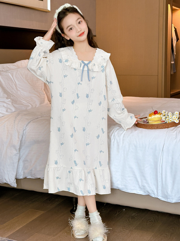 儿童睡衣女童睡裙长袖春秋季2025年新款大童女孩纯棉公主风家居裙|undefined