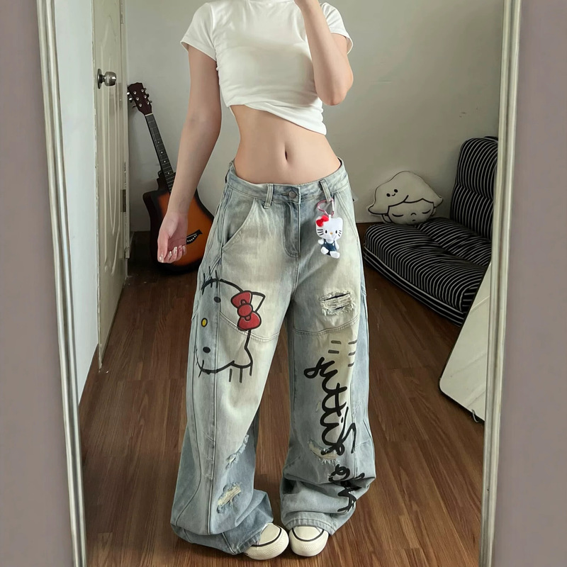 Plus-Size Light-Colored Washed Straight-Leg Jeans for Women, Spring Casual Wide-Leg Pants, Loose Fit, Slimming, Floor-Length Trendy Pants Plus-Size Light-Colored Washed Straight-Leg Jeans for Women, Spring Casual Wide-Leg Pants, Loose Fit, Slimming, Floor-Length Trendy Pants