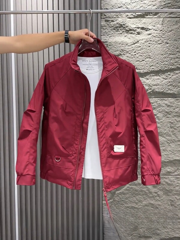 Spring Men's Collar Jacket 2024 New Slim-fit Fashion All-match wine red Jacket Casual Short Jacket for Men