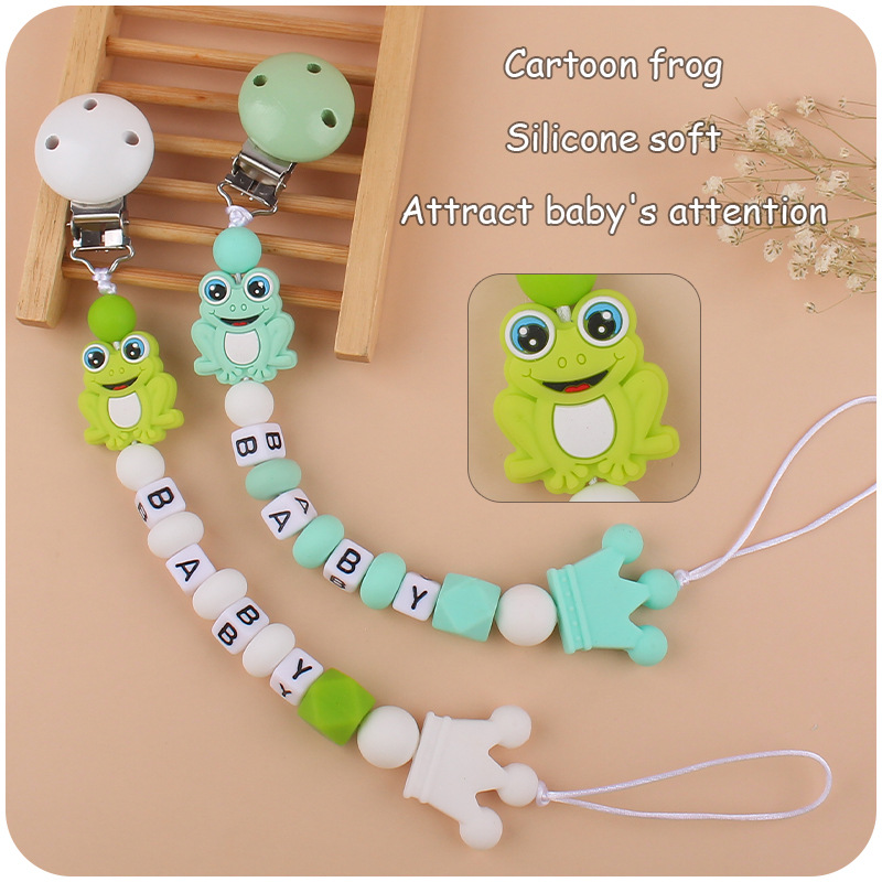 Suministros para bebés de dibujos animados animal Rana mordedor chupete cadena calmante bebé DIY mordedura de silicona chupete cadena anti-gota