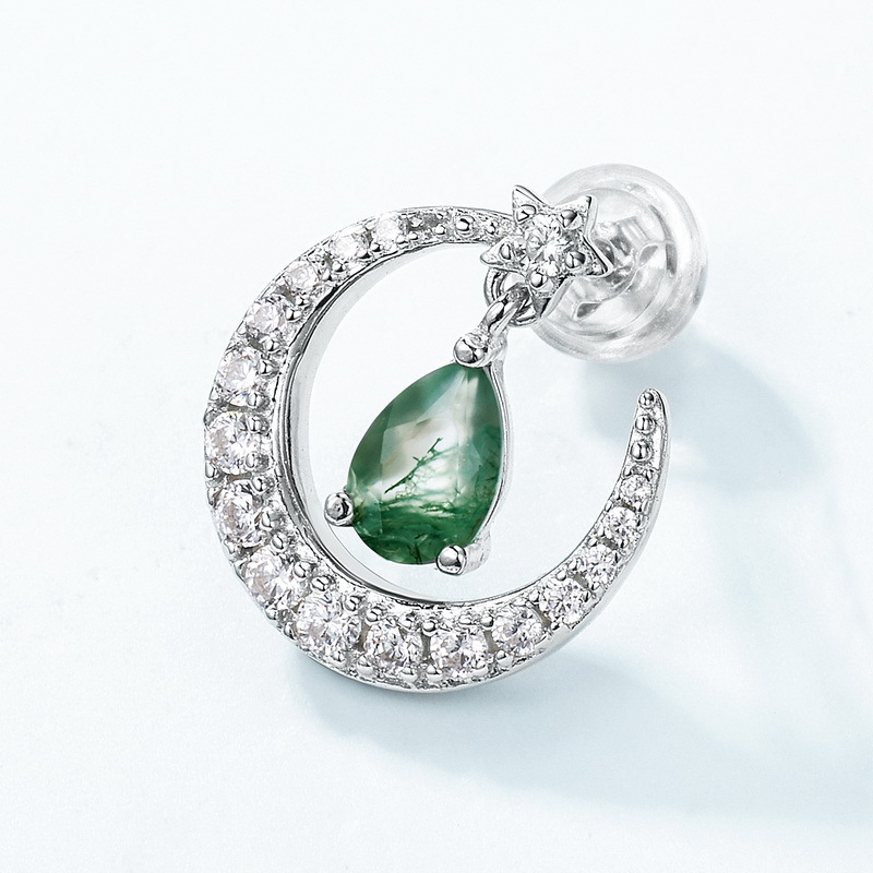 Pendientes de piedra de musgo verde natural de luna de personalidad de minería caliente transfronteriza Mujer S925 Pendientes de ágata de agua de diamantes llenos de plata Moda