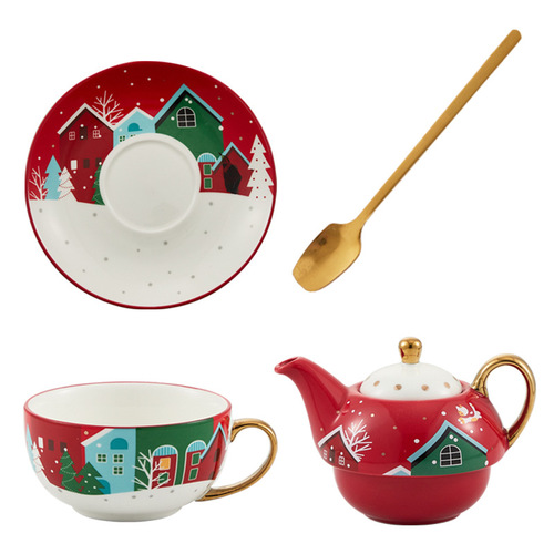Ins Christmas Ceramic Cup and Saucer Amazon Bestseller Specialty Gold Plated Tea Set Christmas Gift One Pot One Cup