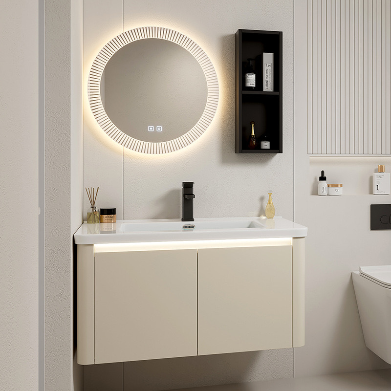 Armario de baño de esquina redondeada de aluminio espacial, combinación de lavabo de cerámica integrado, balcón, lavabo, lavabo, piscina de mesa de lavado