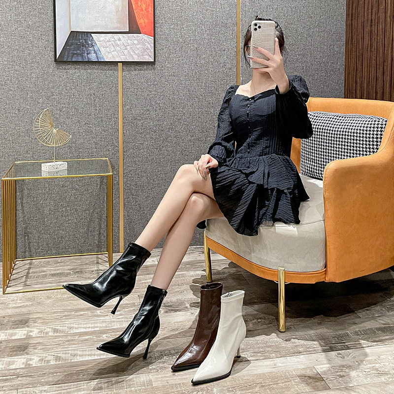 Bốt nữ ngắn mũi nhọn co giãn gót nhọn 6–8 cm, khóa kéo bên, lót nhung — Lớp lót nhung đen JH, Màu nâu lót nhung, Màu đen lót nhung, JH da đen