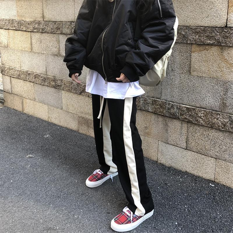 White bar striped original straight-leg loose high street couple trousers design sense color-blocked sweatpants men's and women's slacks_voghion.com