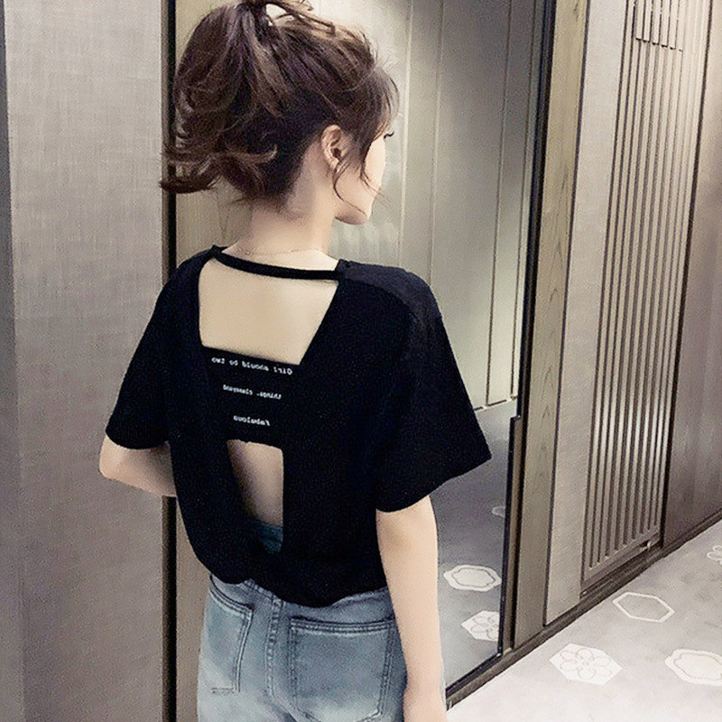 Summer New Korean Style Backless Cut Out Short-Sleeved T-Shirt for Women 2022 Design Sense of Design Student Sexy Short Top