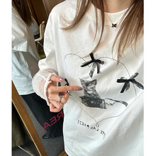 现韩国on爱心蝴蝶猫咪假两件拼接网纱袖长袖T恤 24春新款可爱短袖