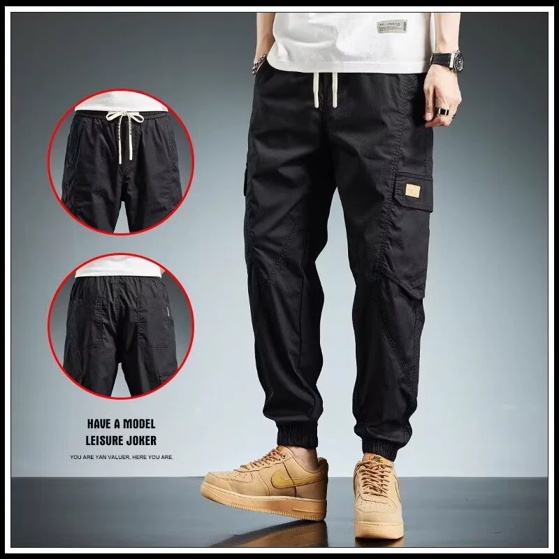 Армейские зеленые комбинезоны для мужчин прилив марки 2024 свободные штаны с девятью очками шнурок Летние тонкие повседневные штаны из ледяного шелка