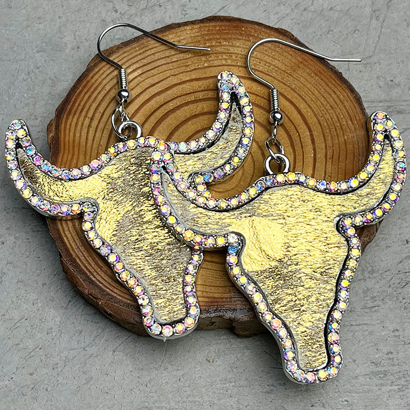 1 Paire Style Cow-boy Bull Tête Alliage Cuir Incruster Strass Femmes Boucles D'oreilles display picture 3