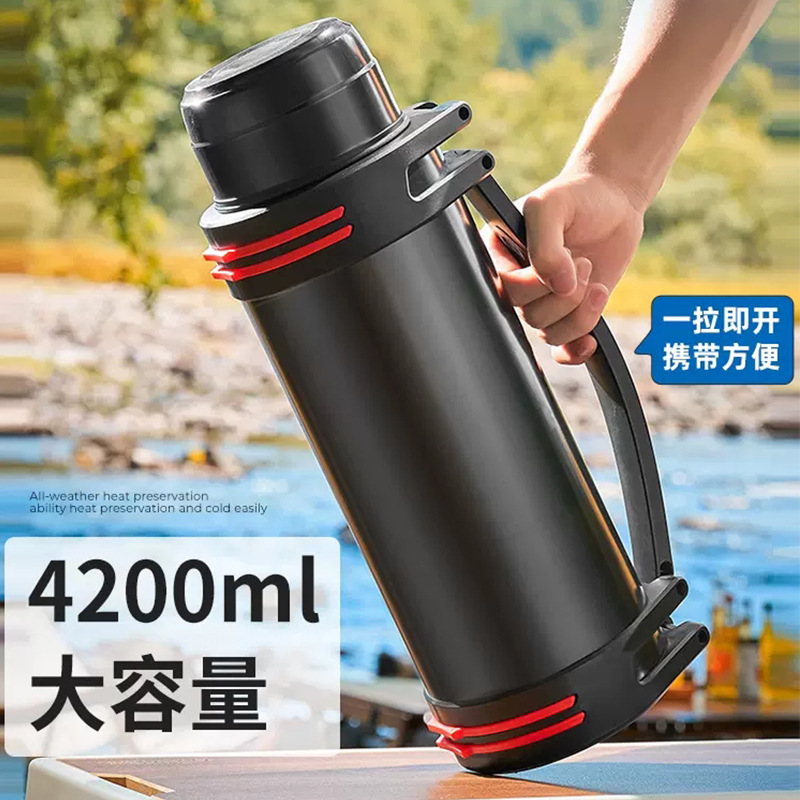 Outdoor car stainless steel large capacity thermos pot outdoor sports portable strap double cover design thermos kettle