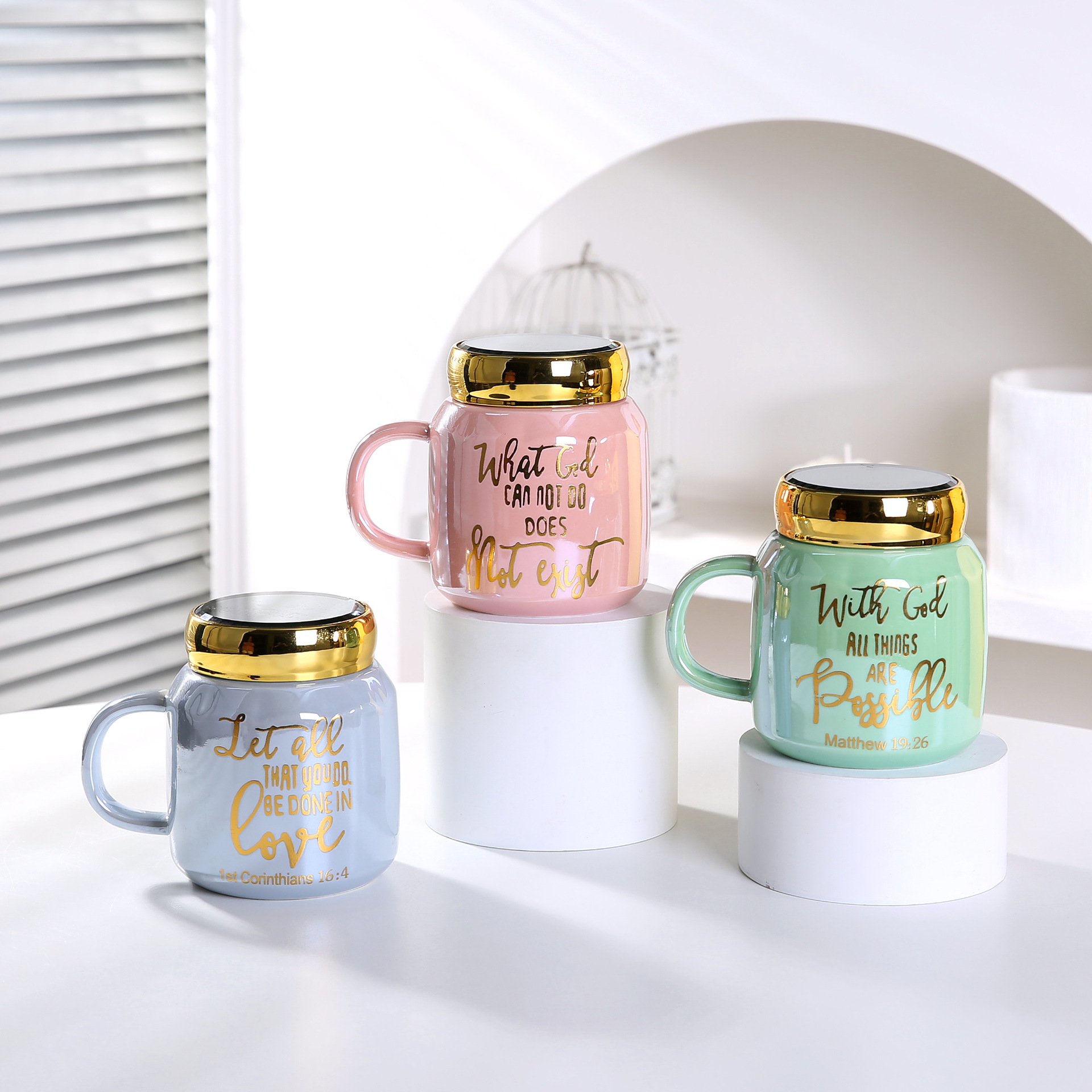 Yiwu esmalte espejo taza de visualización taza de cerámica con tapa nórdico espejo de dibujos animados taza conjunto festival regalo comercio exterior