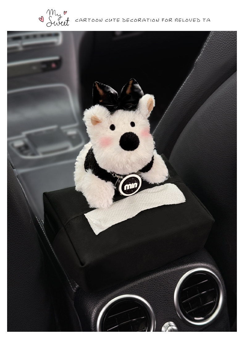2026 New Cute West Highland Car Tissue Box, Armrest Box Tissue Holder, Seat-mounted Car Tissue Bag