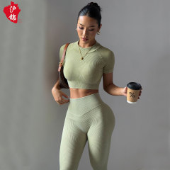 跨境欧美新款无缝健身瑜伽服短袖运动T恤高腰提臀长裤瑜伽套装