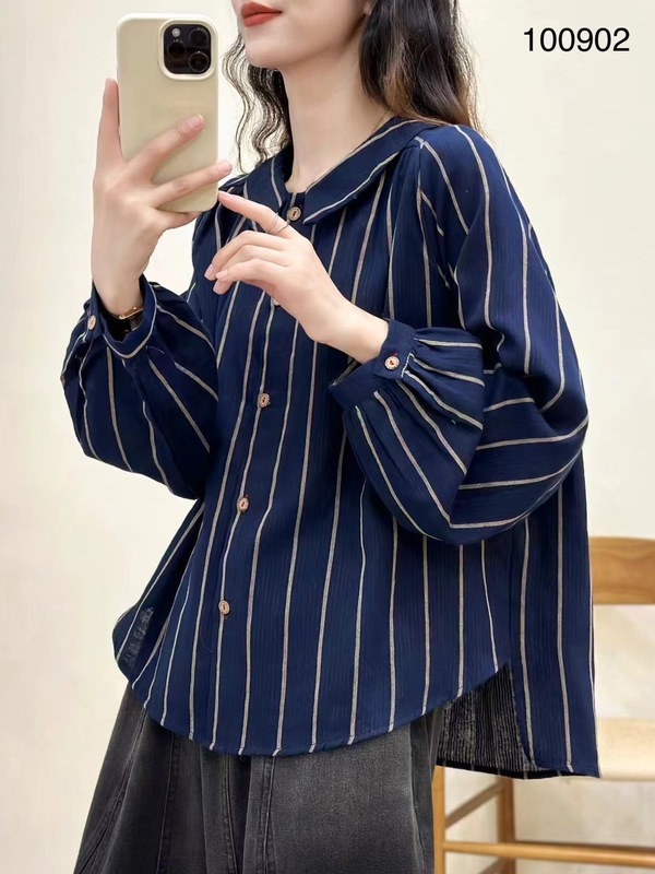 古咖服饰复古竖条纹衬衫女娃娃领单排扣长袖宽松衬衣文艺休闲上衣|undefined