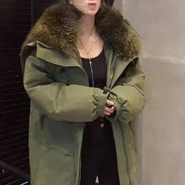 K7X欧货大毛领派克服女2025冬季新款宽松中长款加厚工装羽绒服外