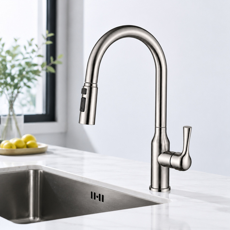 304 stainless steel pull-out kitchen faucet, hot and cold water sink faucet, high-arc rotating dual-function water outlet 304 stainless steel pull-out kitchen faucet, hot and cold water sink faucet, high-arc rotating dual-function water outlet
