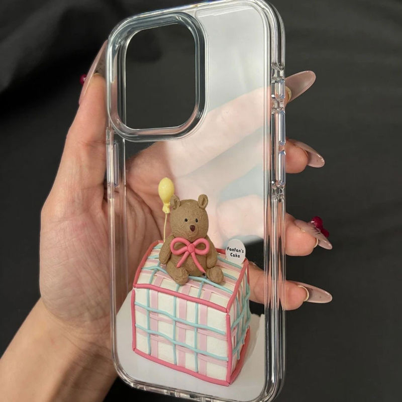 ギフト用の小さなクマのiPhoneケース、17pro、16promax、15、漫画風透明アクリルハードケース、13対応、かわいい|undefined
