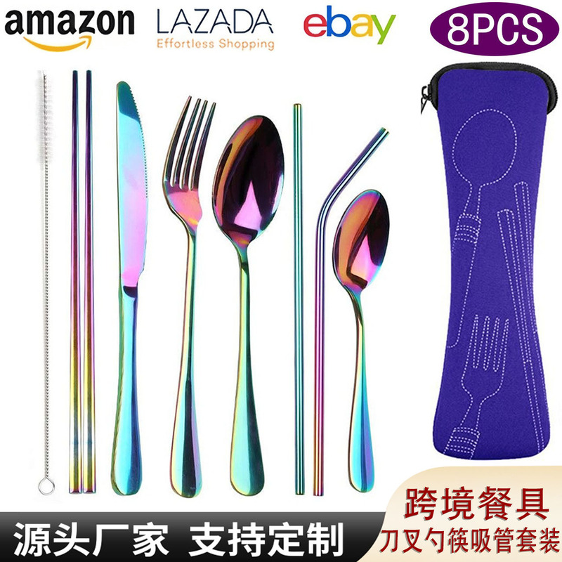 Cross-border Stainless Steel Knife, Fork and Spoon Creative Cloth Bag Chopsticks Spoon Straw Student Spoon Chopsticks Outdoor Portable Tableware suit