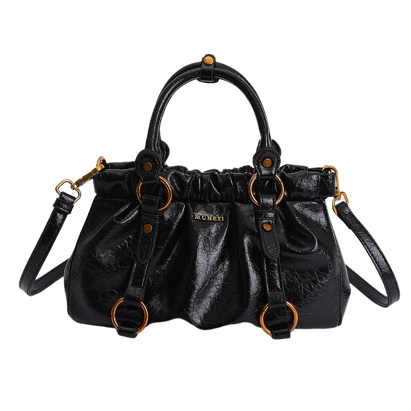 MUHETI Retro Pleated Tote Bag Black Crinkled Leather