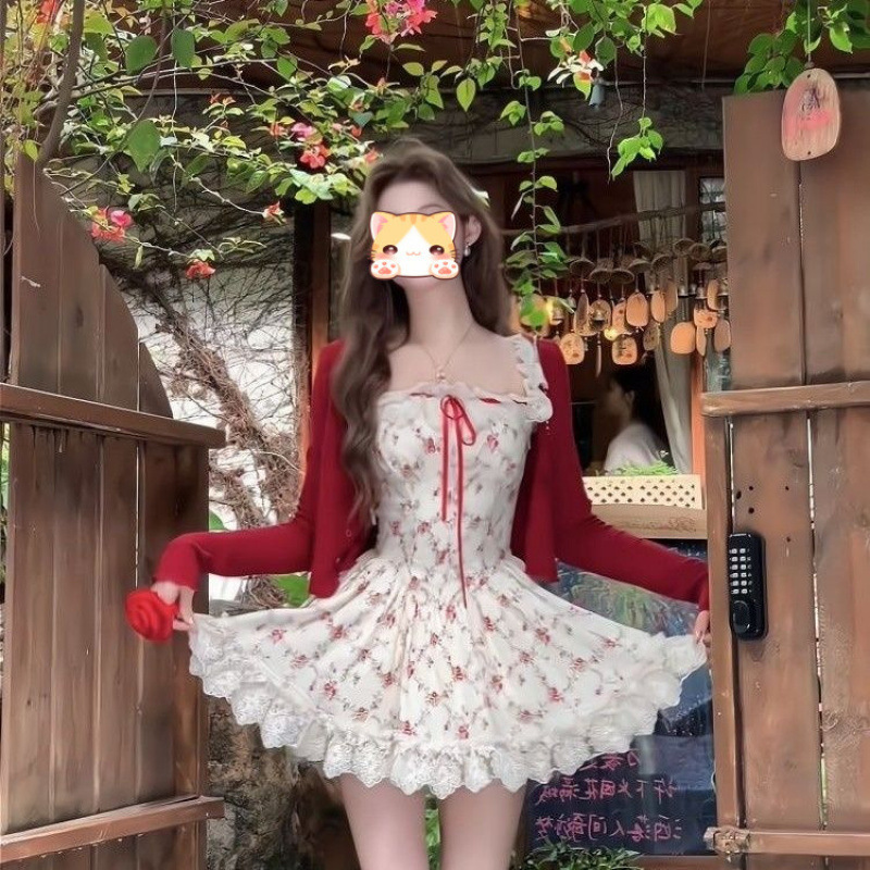 Women's 2025 Spring/Summer New Japanese Style Long Sleeve Knitted Cardigan Jacket and Floral Strap Dress Two-Piece Set