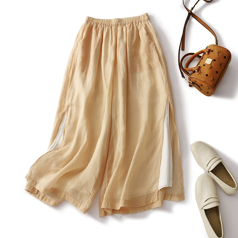 Художественные женские брюки, широкие брюки из рами, двухслойные укороченные брюки с боковыми разрезами, новые летние повседневные брюки, сказочные брюки с большой юбкой