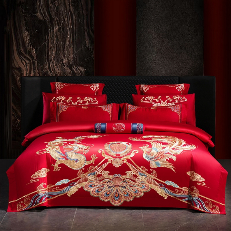 跨婚庆风新中式刺绣款婚庆四件套多件套大红风喜庆风床品厂家批发