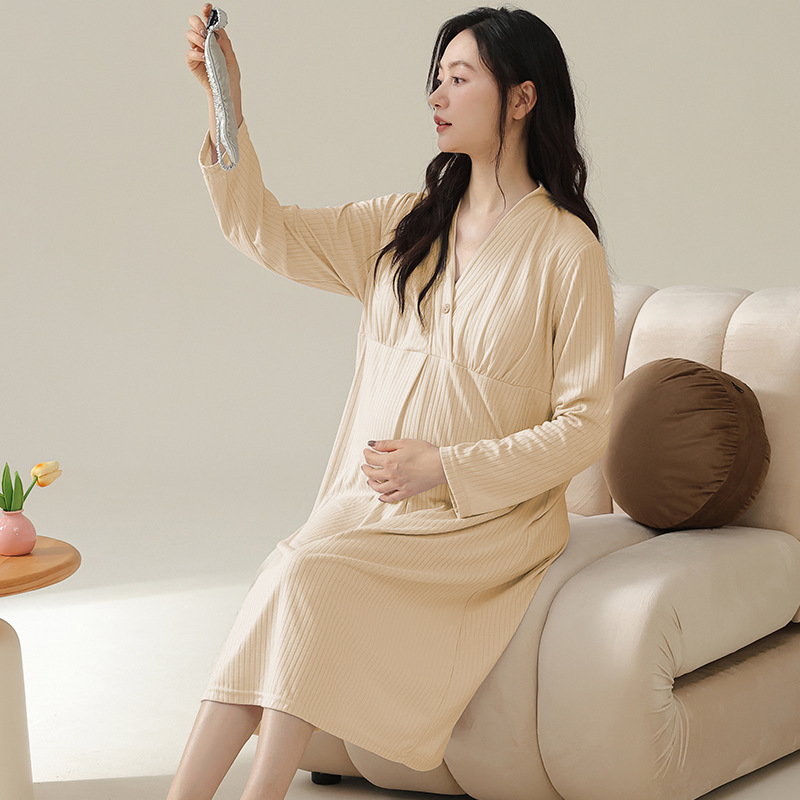 Long-Sleeved Nightgown for Pregnant Women with Breast Pads, Women's Spring & Fall Modal Summer Postpartum Nursing Confinement Dress for Outer Wear