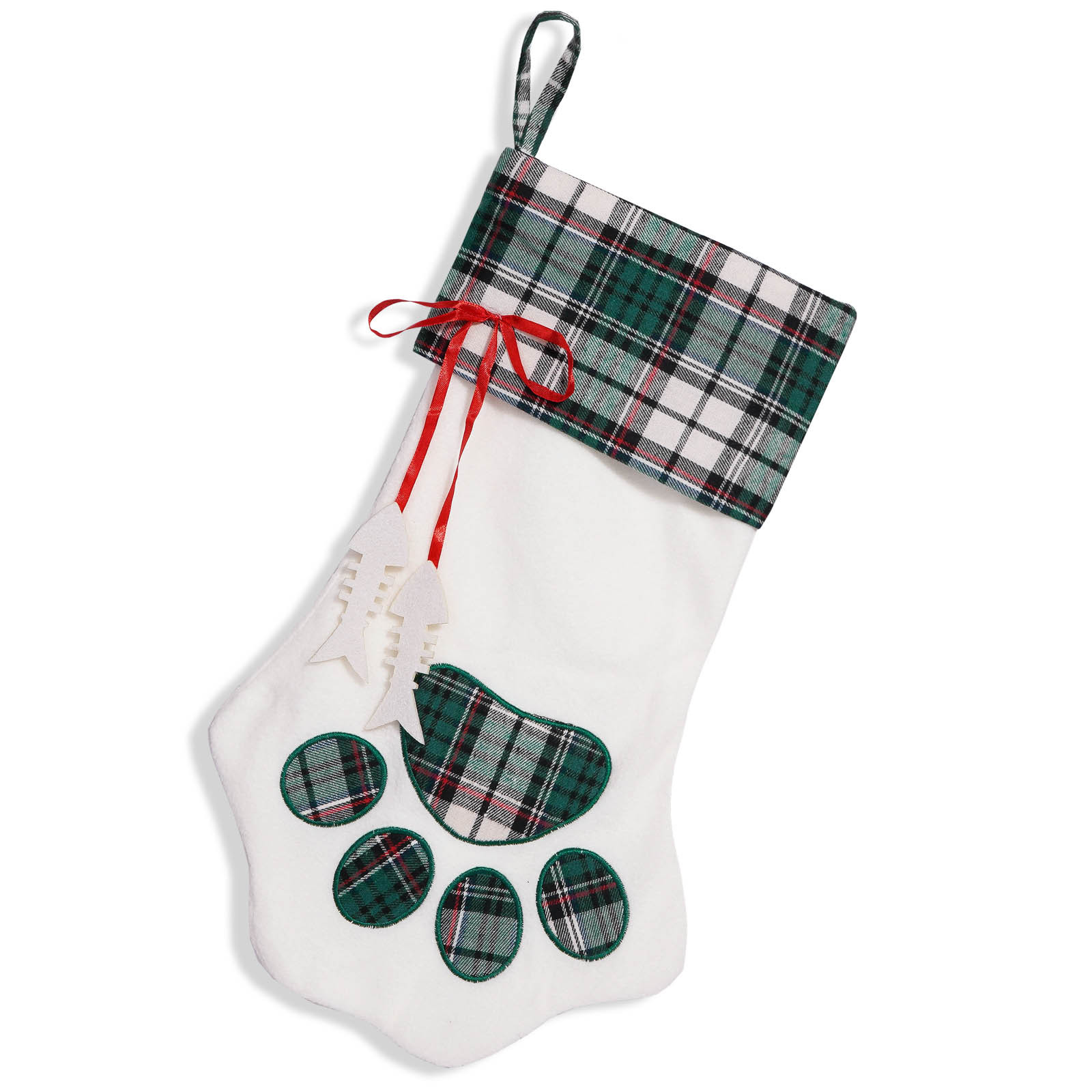 Fábrica en stock suministros de decoración navideña calcetines de Navidad bolsa de regalo pata de perro calcetines navideños calcetines de hueso de tela a cuadros