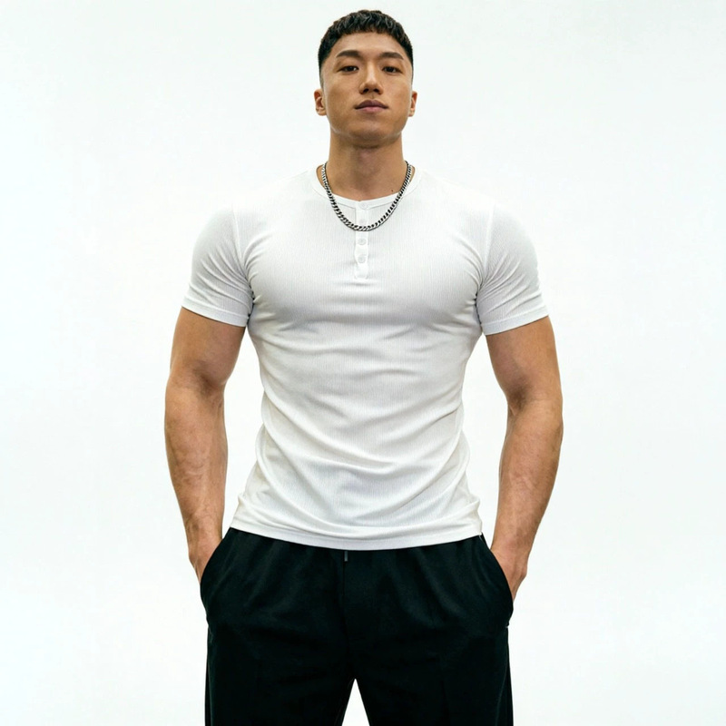 Sports Men's Henley Shirt Ribbed Short-Sleeved Casual Fitness Slim Fit Button-Down T-Shirt