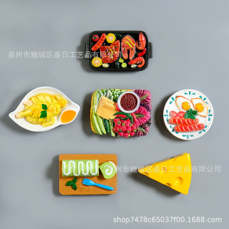 创意仿真食玩冰箱贴瑞士卷白切鸡大蘸酱菜三文鱼烧烤盘树脂磁性贴|undefined
